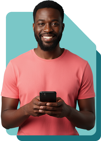 A smiling man with a beard, wearing a coral-pink t-shirt, holding a black smartphone with both hands against a teal geometric background.