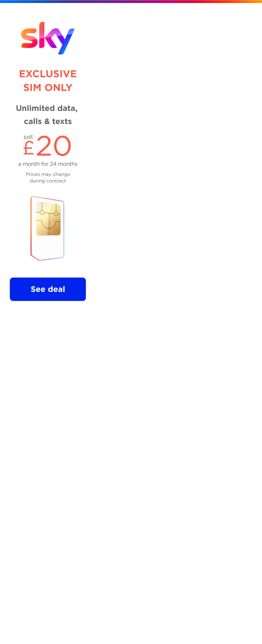 SIM only deal unlimited data £20 a month